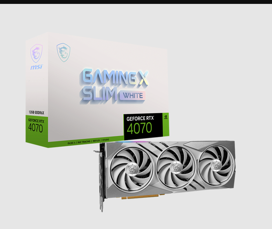  nVIDIA GeForce RTX 4070 GAMING X SLIM WHITE 12G<br>Boost Mode: 2610 MHz, 1x HDMI/ 3x DP, Max Resolution: 7680 x 4320, 1x 16-Pin Connector, Recommended: 650W  